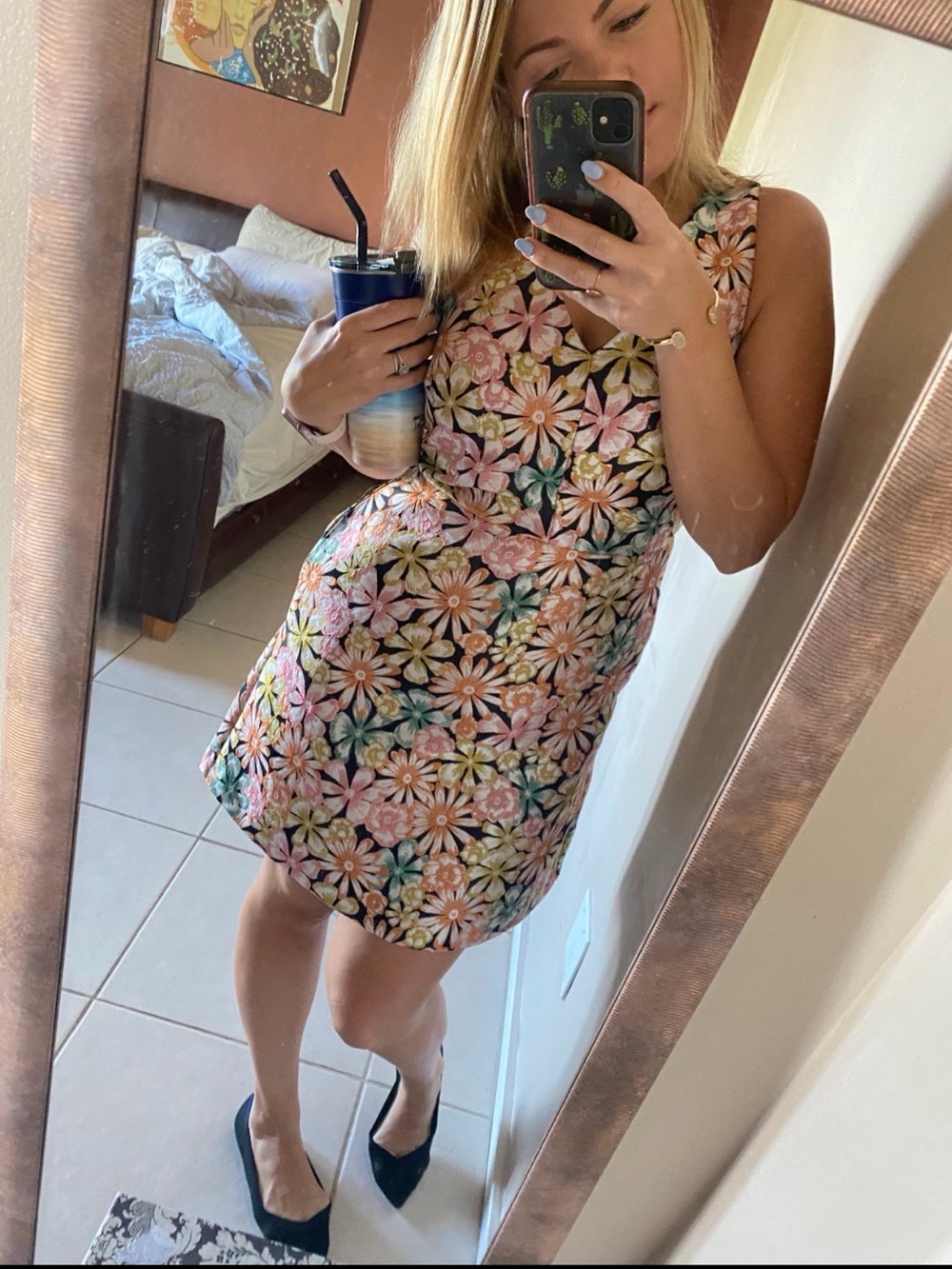 Banana Republic V-Neck Sleeveless Floral A-Line Dress in Black with Pastel Bloom